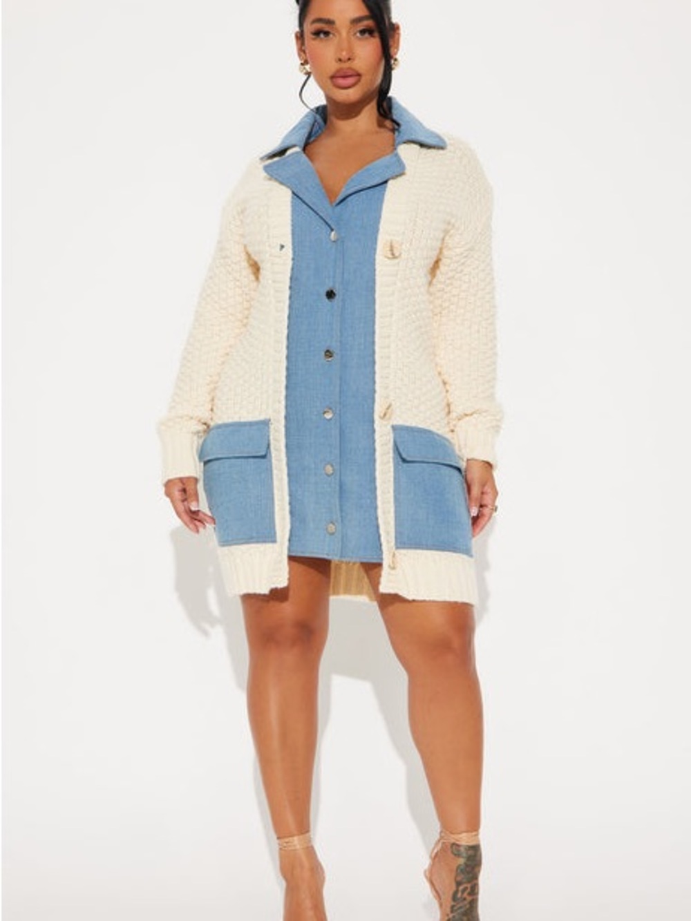 Fashion Nova Cream Cardigan with Blue Patch Pockets